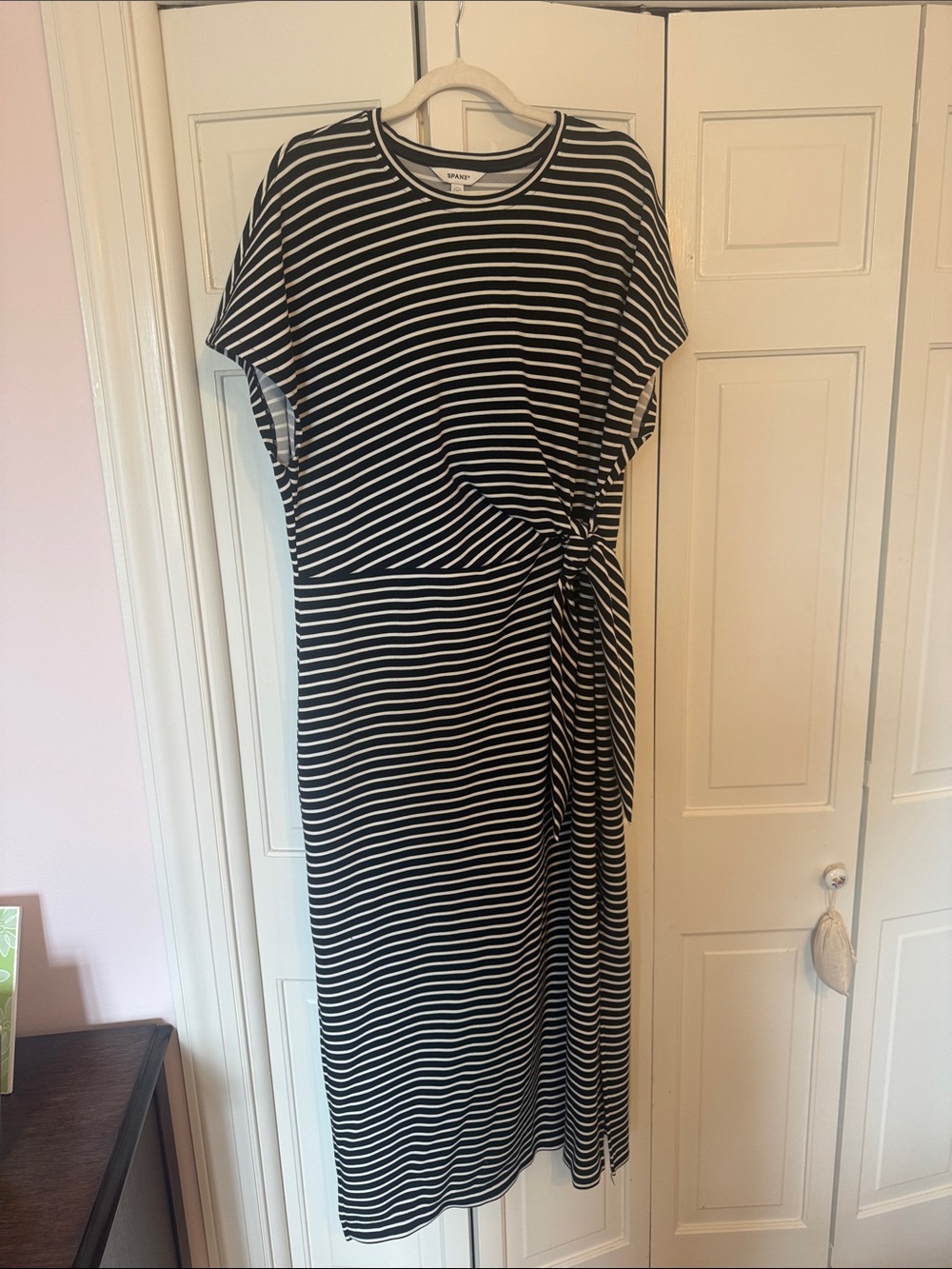 Spanx Air Essentials Striped Knot-Side Midi Dress - Black & White- 2X